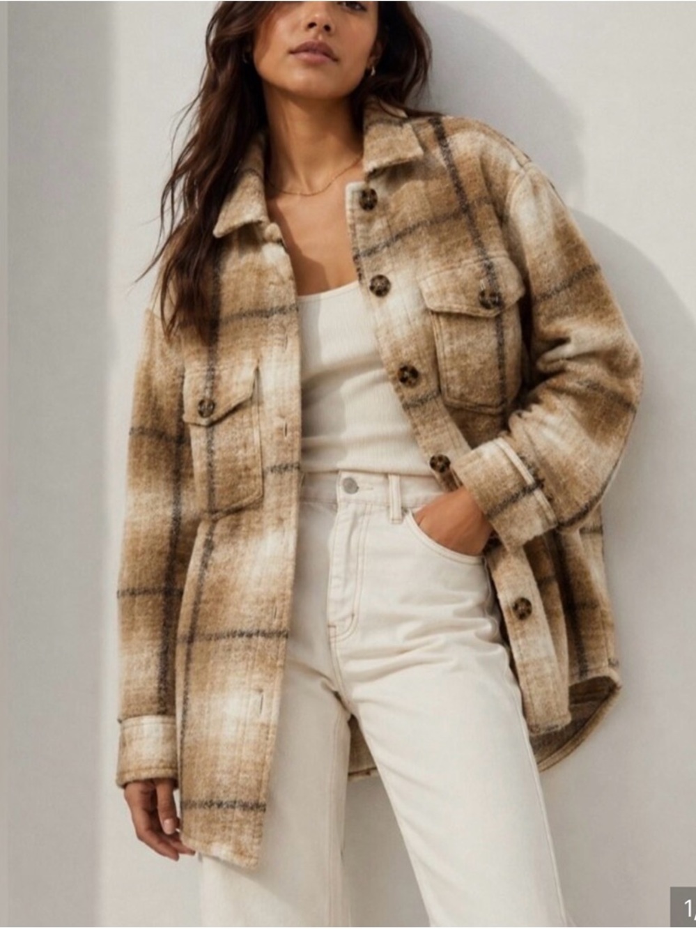 Aritzia Ganna Shacket Jacket in Beige Plaid